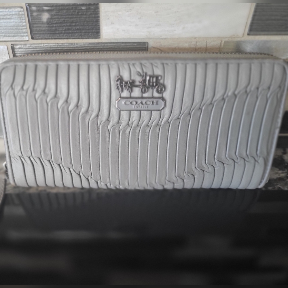 Coach Metallic Silver Textured Clutch Wallet